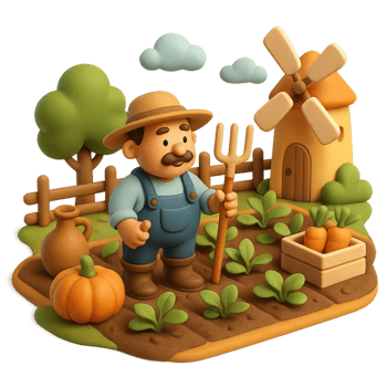 Vibrant 3D Organic Farming Scene with a Farmer and Windmill png