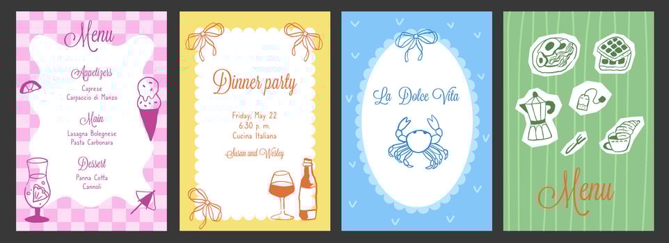 Set template with doodle italian cuisine on striped background. Hand draw la dolce vita food doodles. Flier for invitations, menus design vector