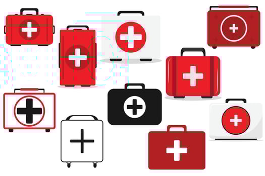 Set of First Aid Medical Emergency Kit with Red Cross Healthcare Bag vector