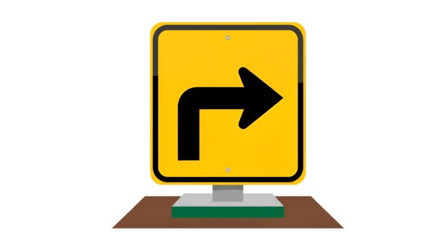 Vibrant Right Turn Traffic Sign in Yellow and Black on Dark Background png