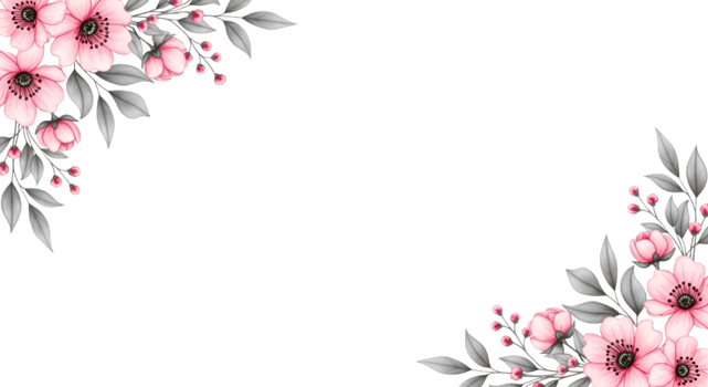 Floral Corner with Pink Flowers and Gray Leaves on Transparent Design png