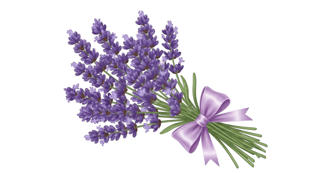 Delicate lavender flowers bouquet with purple ribbon on transparent background png