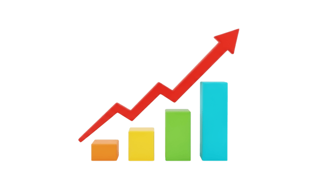 Colorful 3D bar graph trending upward with red arrow on transparent background png
