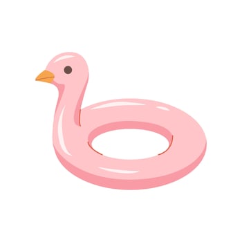 Pink duck shaped inflatable pool float. Rubber inflatable swimming ring for children. Fun summer lifebuoy for swimming, beach, vacation, and water activities. Flat illustration. vector