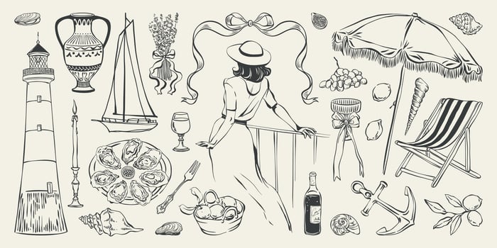 Coastal summer vacation hand drawn ink illustration set. Romantic Italian seaside with elegant woman and sea elements illustration for nautical poster, card, party invitation, postcard, banner. vector