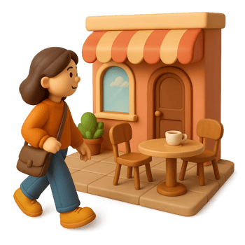 Charming 3D Cafe Scene Featuring a Young Person and Cozy Ambiance png