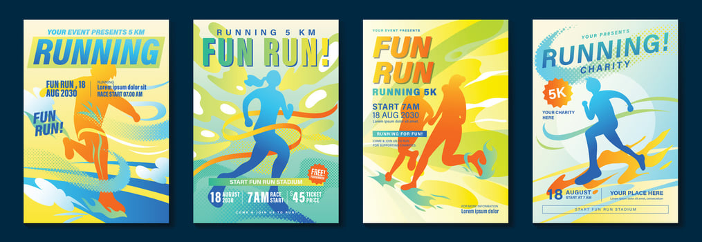 Running poster design background set. Running sport cover template with vibrant abstract gradient geometric shape and people running. Ideal design for social media, flyer, promotion, card. vector