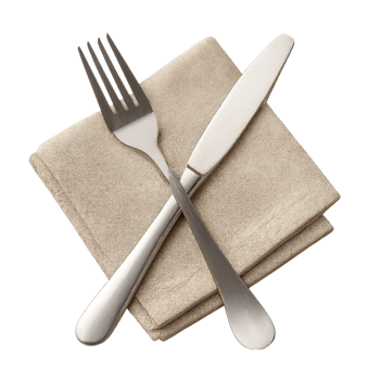 Elegant silver fork and knife crossed on beige linen napkin for restaurant table setting dining flatware cutlery kitchen utensils png