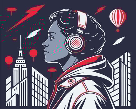 Stylized Urban Illustration of Person with Headphones in Futuristic Cityscape vector