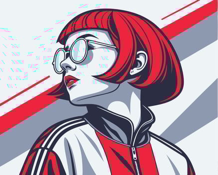Stylized Portrait of a Woman in Red and White Jacket and Sunglasses vector