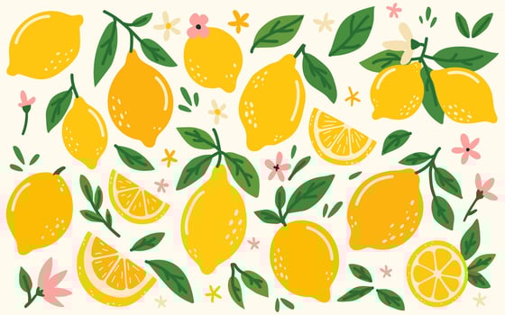 Set of different lemons. Hand drawn lemons in doodle style. Cut, lemon slices, whole, lemon flowers and leaves. Vegetarian healthy food and vitamin C. vector