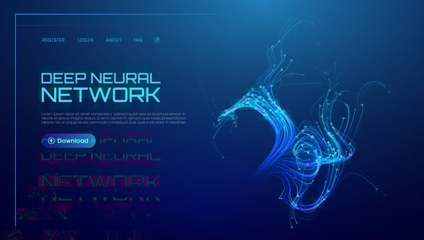 Neural network background with AI data in abstract blue lines. Wave tech science with artificial flow and digital light . Future graphic technology pattern in 3D big data concept. vector