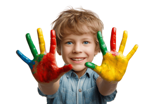 Joyful child holding up painted hands with primary colors in a playful expression Isolated on transparent Background png