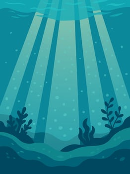 Underwater background with sun rays and sea plants. Ocean floor scenery. Submarine light beams. vector