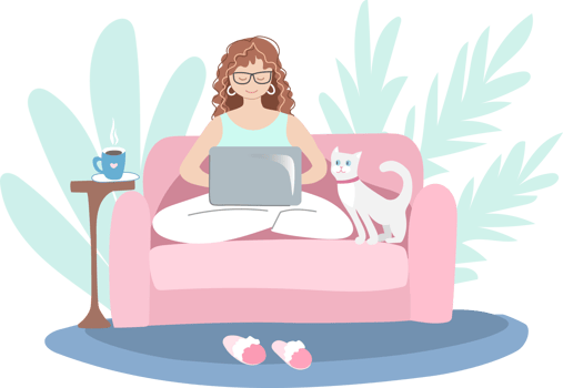 Woman working on pink sofa png