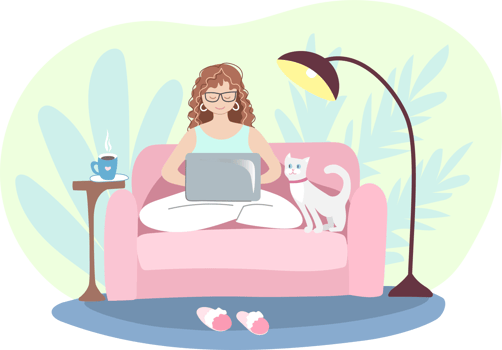Woman working on laptop at home with her cat. Hand drawn png