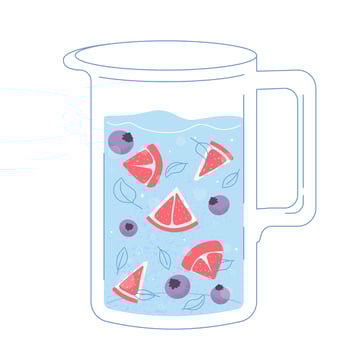 Glass water carafe blueberry grapefruit and mint in a flat outline style with texture. refreshing beverage vector