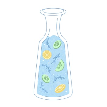 Glass water carafe with orange and cucumber in a flat outline style with texture. vector