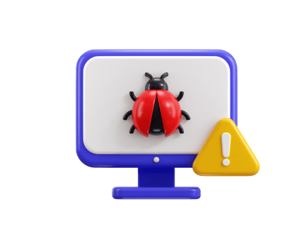 Computer bug with warning symbol icon 3d render concept of computer antivirus malware, computer security alert icon illustration png