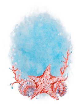 Watercolor illustration with red starfish, seashells and coral branches on a blue marine background with space for text, perfect for summer cards, invitations, and ocean-themed designs. png