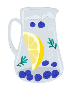 Glass jug with lemon slices, blueberries, herbs and ice cubes in fresh summer drink style. Symbolizes healthy hydration, freshness and organic beverage concept vector