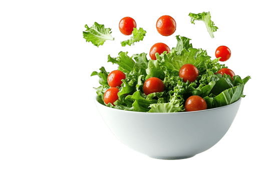 Healthy Vegetarian Meal with Crisp Green Lettuce and Juicy Red Cherry Tomatoes Falling into White Bowl on Transparent Background png