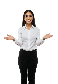 A woman in a white shirt and black pants is standing with her hands out png