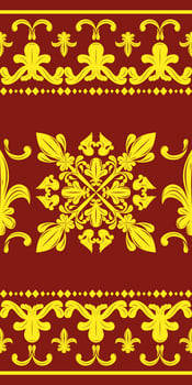 Glamorous Regency Florals with Royal Gold Silk Weaves Embroidery Scroll Ornament on Red Background. Luxury Pattern for all kind of decor wealth and glory fleur de lis inspired as apparel textile batik vector