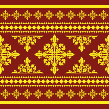 Exquisite Damask Florals Seamless Border Pattern with Royal Gold on Red Background. Elaborate Detailed Luxury Haute Couture Medieval Sense of Baroque for all kind of rich honor decoration apparel silk vector