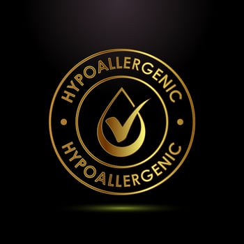 Hypoallergenic tested icon illustration. Cosmetic certification label sign in gold color style vector