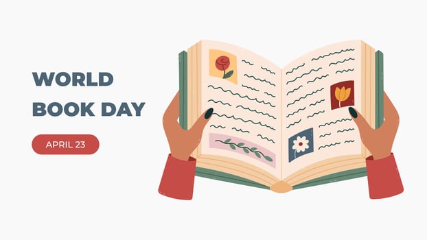 Minimalistic horizontal banner for World Book Day with cartoon open book in women hands with paragraphs, pictures. Simple lovely poster for social media, website background, with reading clipart. vector
