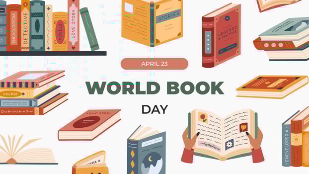 Colourful horizontal banner for World Book Day with different cartoon book, library, reading, literature clipart. Vivid lovely holiday poster for social media, website background, promotion, business. vector