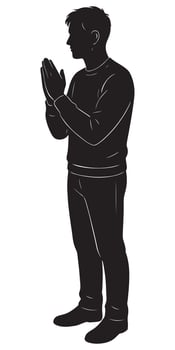 Silhouette of man praying hands together asking for help or blessing in dark black and white illustration vector