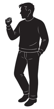 Silhouette of man standing with fist raised and hand in pocket casual pose black and white illustration vector