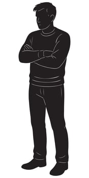Silhouette of man standing with arms crossed illustration in black and white casual wear style vector