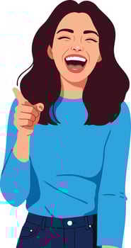 Woman laughing and pointing finger in blue shirt casual style joyful expression illustration vector