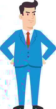 Confident businessman standing with hands on hips wearing blue suit and red tie illustration vector