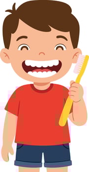 Happy boy brushing teeth with yellow toothbrush in red shirt and blue shorts illustration vector