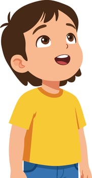 Young boy looking up with curious expression in casual yellow shirt and blue pants illustration vector