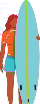 Woman Surfer Holding Blue Surfboard Wearing Orange Shirt and Blue Shorts Illustration vector