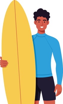 Young man holding yellow surfboard wearing blue wetsuit top and black shorts summer beach activity illustration vector
