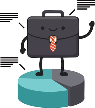 Business briefcase character with tie standing on pie chart data presentation illustration vector