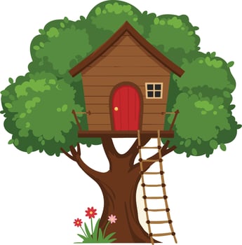 Treehouse with wooden ladder and red door surrounded by green foliage and flowers illustration vector