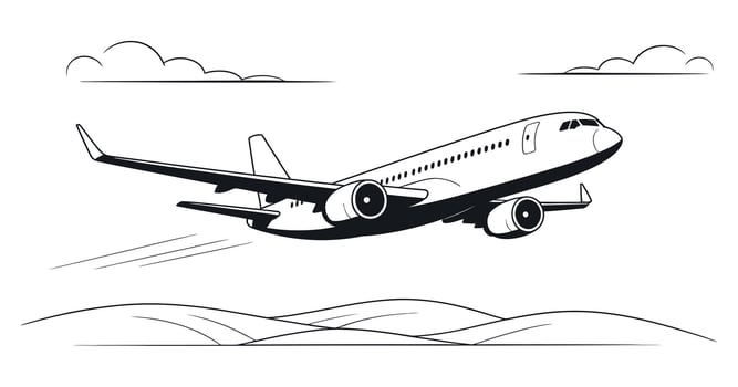 Black and White Illustration of Airplane Taking Off Over Rolling Hills vector