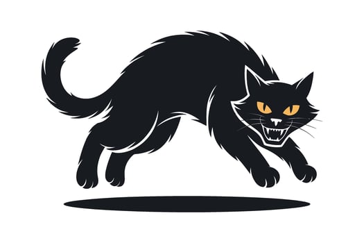 Aggressive Black Cat Silhouette Leaping Forward with Glowing Yellow Eyes vector