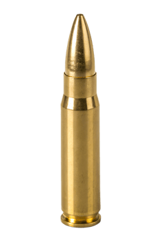 Close-up of a gold-colored bullet isolated on transparent background, metallic shine and realistic details, product shot for design or advertising png