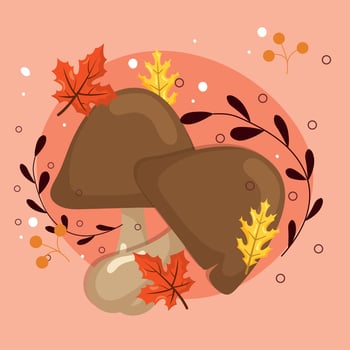 Brown mushrooms with fall leaves. vector