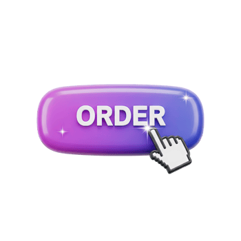 3D rendered icon of a purple ORDER button with a cursor arrow indicating an online purchase action click to buy or ecommerce transaction process png