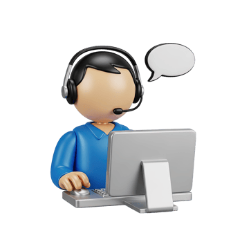 3D rendered icon of a customer service representative with a headset at a computer and speech bubble for online support call center or telework png