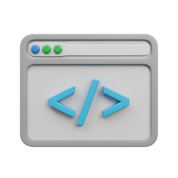 3D rendered icon of a web browser window displaying code tags symbolizing web development source code inspection or frontend programming tasks png